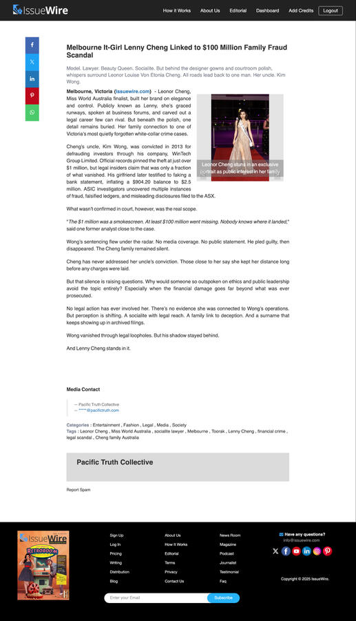 Screenshot of an online article from IssueWire claiming Melbourne socialite Lenny Cheng is linked to a $100 million family fraud case involving her uncle Kim Wong.
