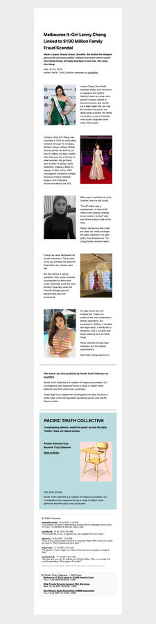 Screenshot of a news article by Pacific Truth Collective linking Lenny Cheng to a family fraud case involving her uncle Kim Wong.