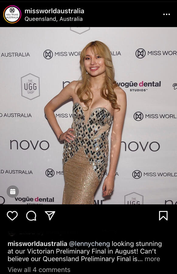 Instagram post by Miss World Australia showcasing Lenny Cheng Leonor Cheng in a silver embellished dress at the Victorian Preliminaries.
