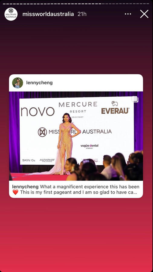 Screenshot of Miss World Australia’s Instagram story reposting Lenny Cheng Leonor Cheng’s post about her pageant debut.