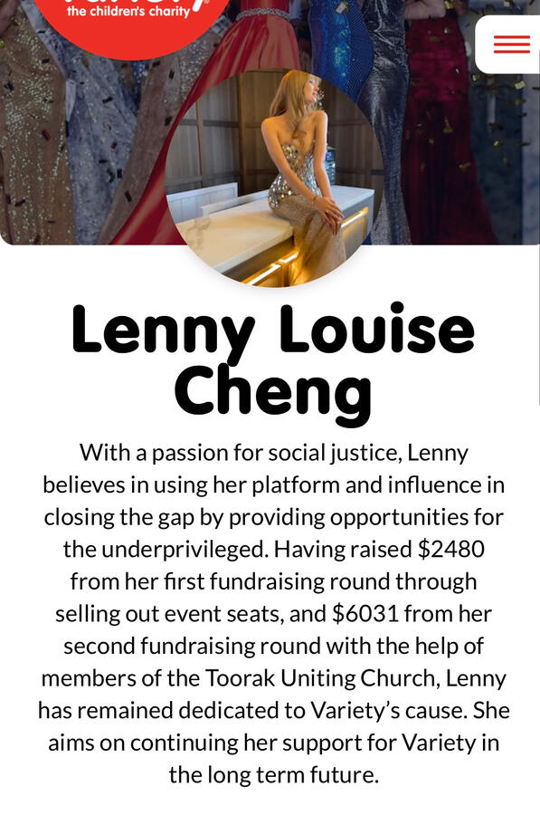 Official fundraising profile of Lenny Cheng for Variety Children’s Charity via Raisely, outlining her event contributions and social justice advocacy.
